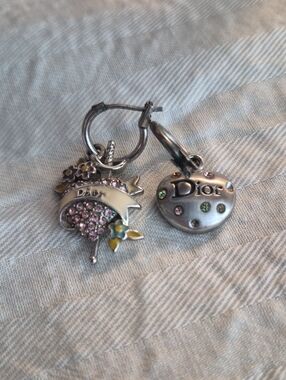 Fun Dior Like  Silver-Tone Hoop Earrings with Pink Crystal Heart Charms